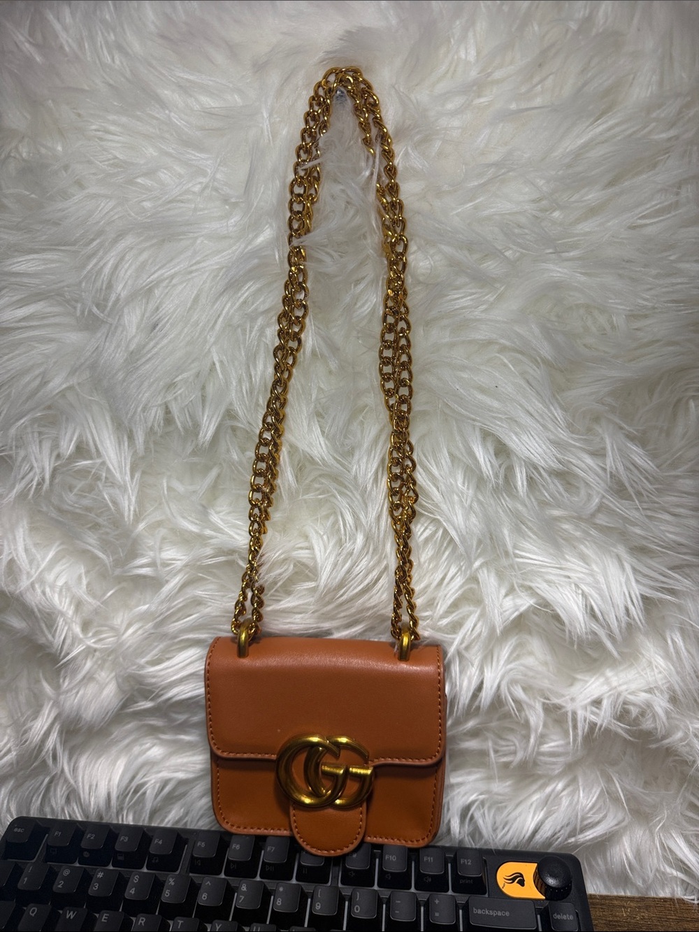 Leather Crossbody Bag with Gold Double-Ring Accent - Brown